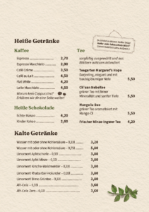 Getränkekarte des Tartine Cafés: Kaffeespezialitäten wie Espresso und Flat White, heiße Schokolade, erlesene Teesorten sowie kalte Erfrischungsgetränke und Limonaden von Limoment und Afri-Cola