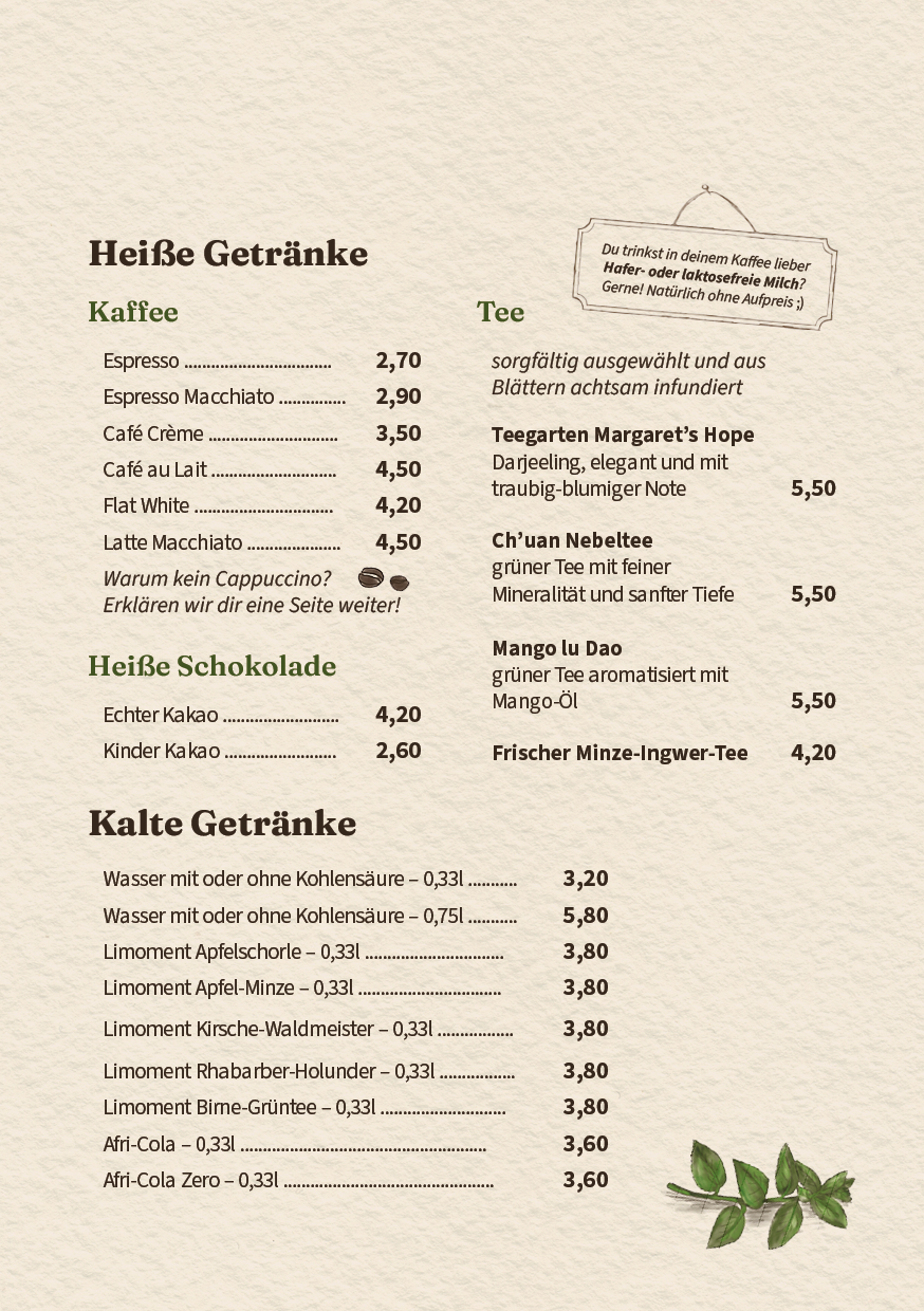 Getränkekarte des Tartine Cafés: Kaffeespezialitäten wie Espresso und Flat White, heiße Schokolade, erlesene Teesorten sowie kalte Erfrischungsgetränke und Limonaden von Limoment und Afri-Cola