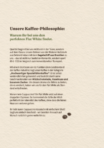 Infoseite zur Kaffee-Philosophie im Tartine Café: Erklärung zum hochwertigen Spezialitätenkaffee der Rösterei Halbstark aus Detmold und warum der Flat White hier den perfekten Kaffeegenuss bietet