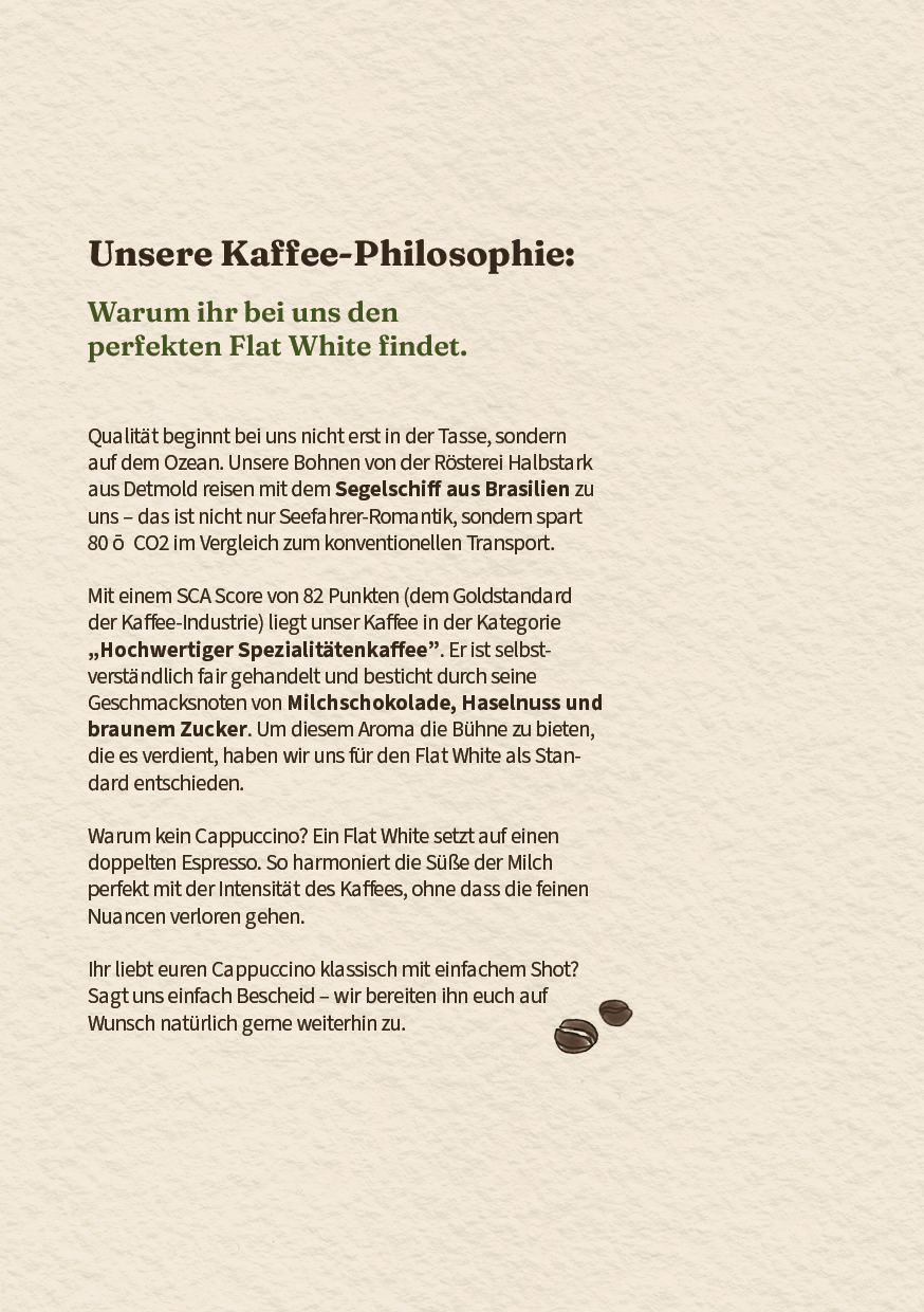 Infoseite zur Kaffee-Philosophie im Tartine Café: Erklärung zum hochwertigen Spezialitätenkaffee der Rösterei Halbstark aus Detmold und warum der Flat White hier den perfekten Kaffeegenuss bietet
