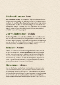 Übersicht der regionalen Partner des Tartine Cafés: Infos zum Krustenbrot der Bäckerei Lamm, Milch vom Hof Gut Wilhelmsdorf, Keks-Spezialitäten von Schulze und den Limonaden von Limoment