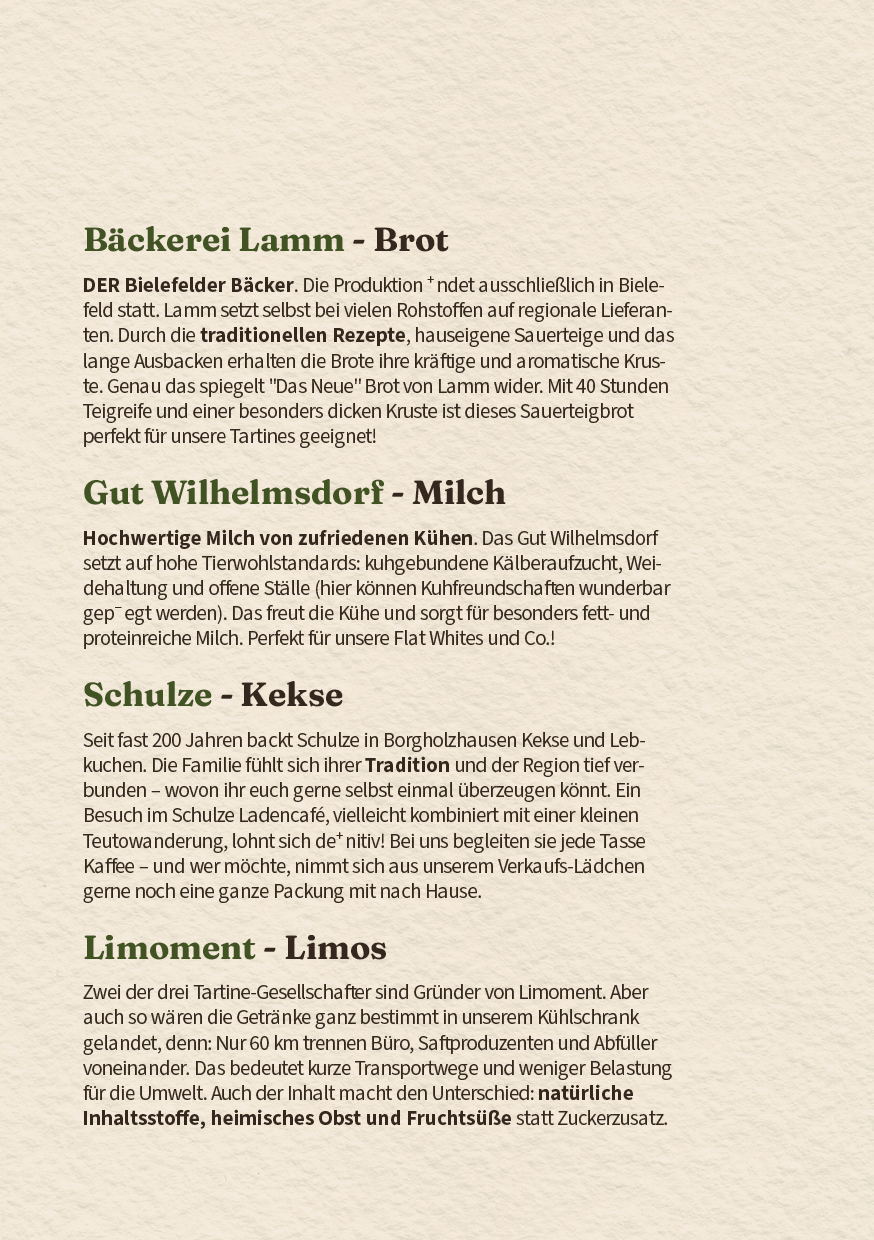 Übersicht der regionalen Partner des Tartine Cafés: Infos zum Krustenbrot der Bäckerei Lamm, Milch vom Hof Gut Wilhelmsdorf, Keks-Spezialitäten von Schulze und den Limonaden von Limoment